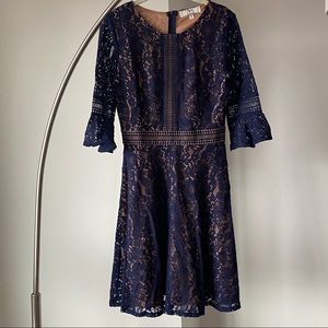 Navy lace dress 3/4 bell sleeves nude lining